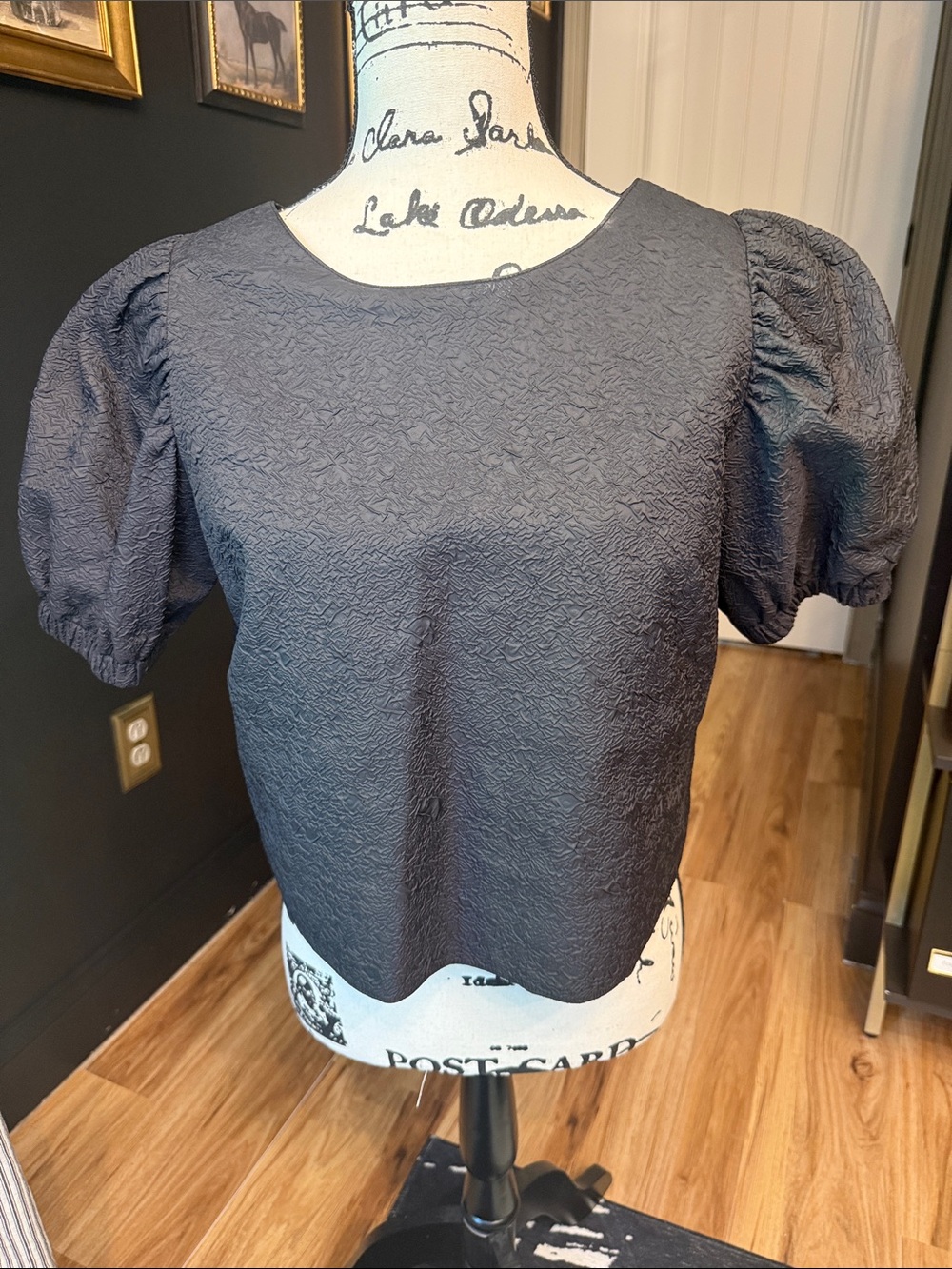 Amanda Uprichard Black Textured Puff-Sleeve Top